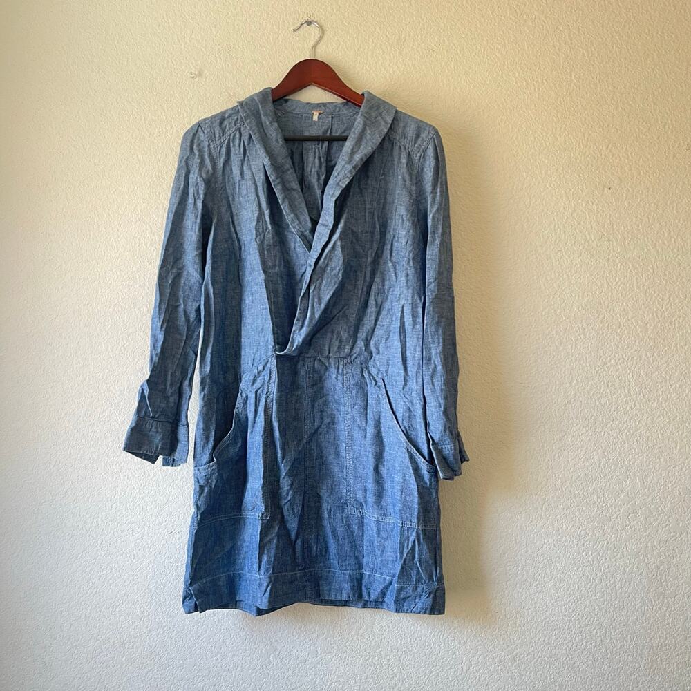 Free People Linen Chambray Blue Surplice Mini Dress Size Medium